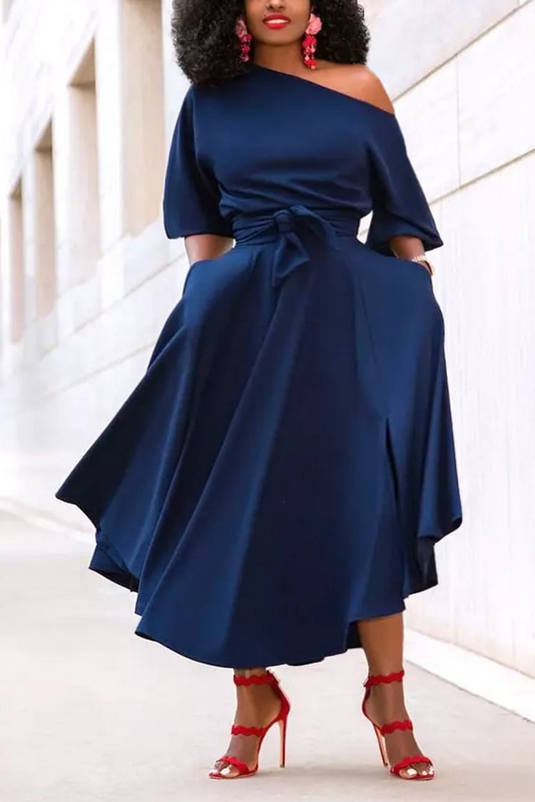 Xpluswear Plus Size Elegant Solid One Shoulder Lace Up Pleated Half Shoulder With Pockets Midi Dresses