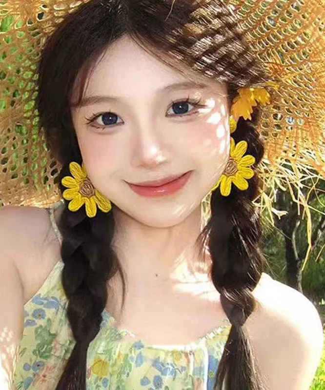 Cute Yellow Weave Daisy Drop Earrings