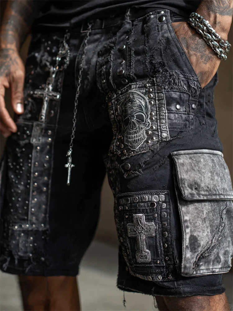 Men's Rock Skull & Cross Patchwork Studded Washed Cargo Shorts