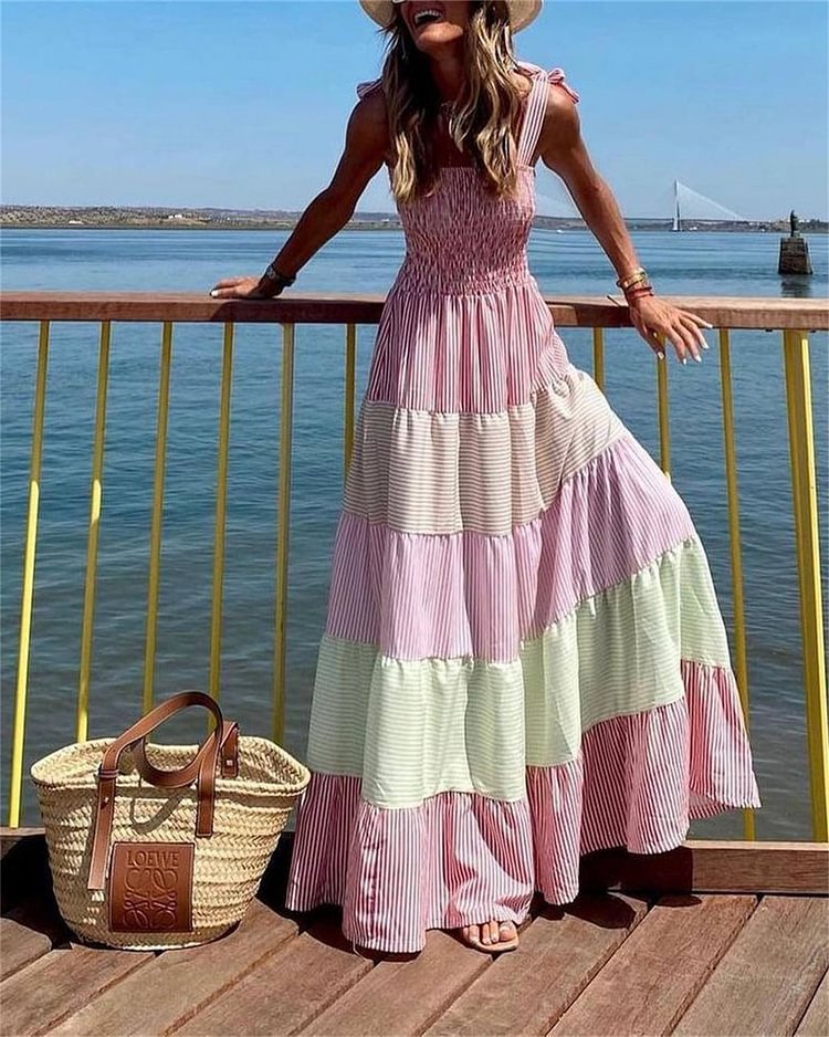 Casual Paneled Color Stripe Print Dress