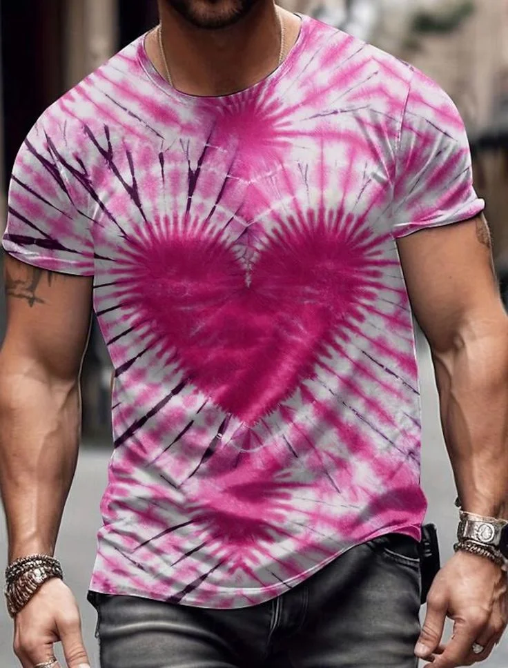 Men's Valentine’s Day Tie-Dye Love Heart Print Casual Tee