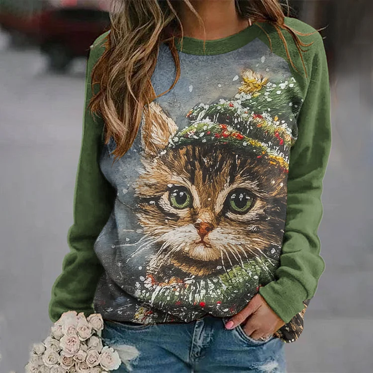 Christmas Cat Print Crew Neck Casual Sweatshirt