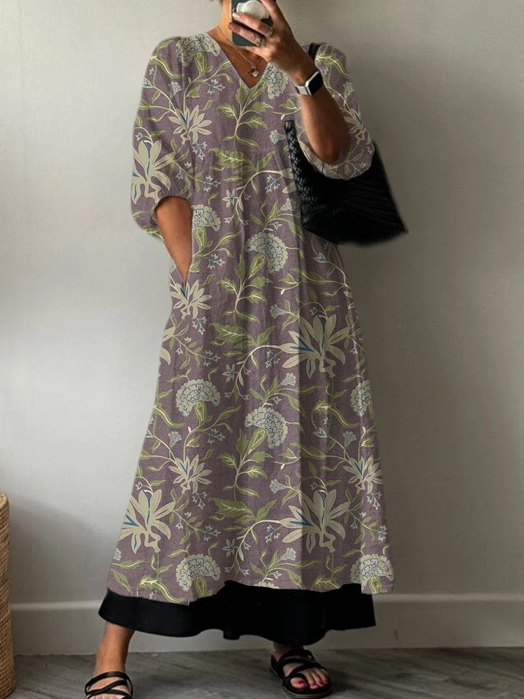 Women's Boho Vintage Floral Print Pocket V-neck Cotton Dress