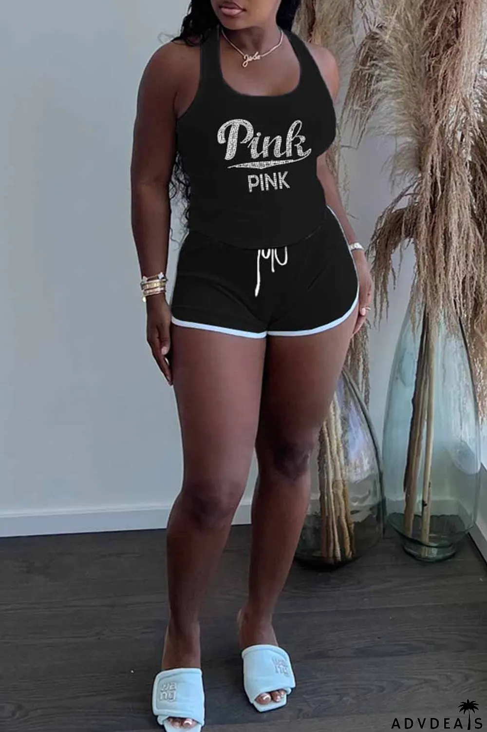 Khaki Casual Letter Hot Drill U Neck Plus Size Two Pieces