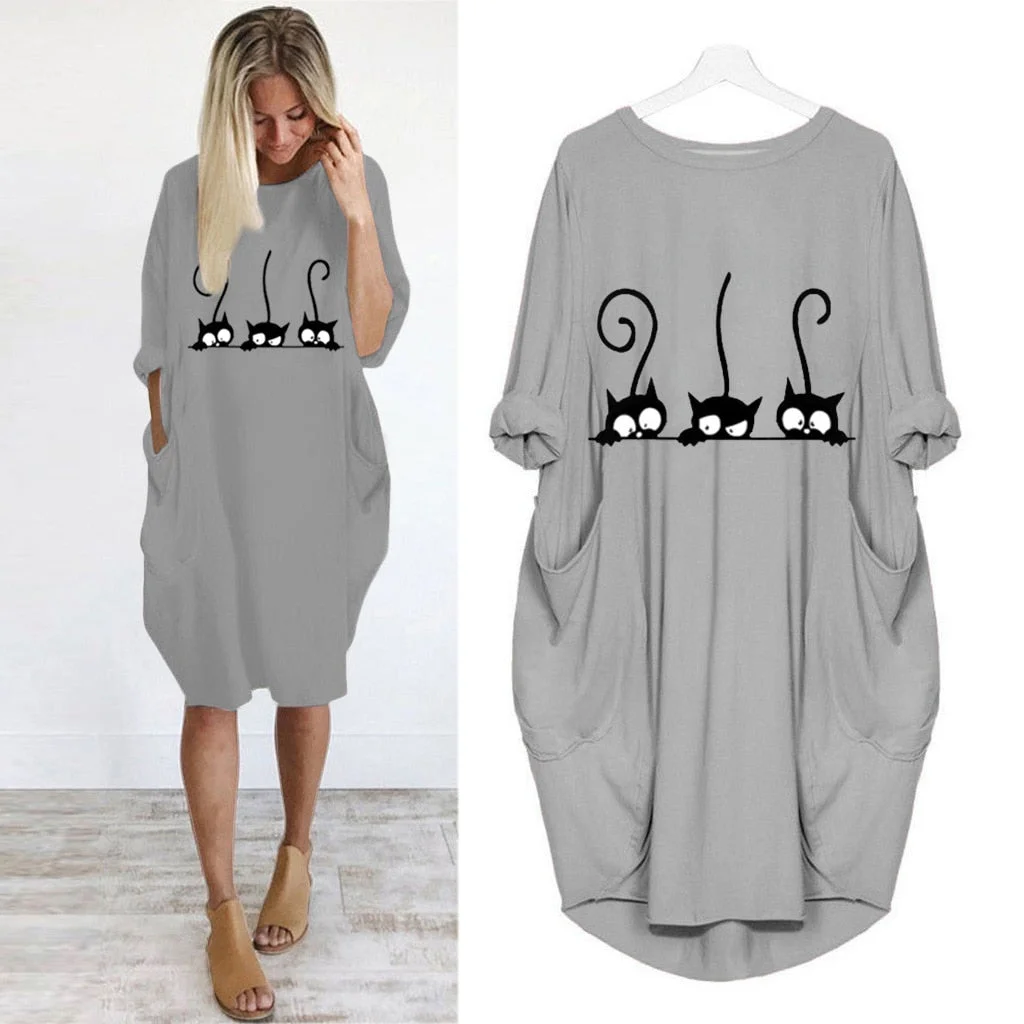 Autumn Dress Women Fashion Cat Print O Neck Long Sleeve Loose Elegant Party Ladies Dresses Plus Size Casual Midi Dress Vestidos