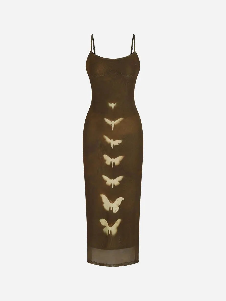 Slim Fit Butterfly Print Midi Cami Dress