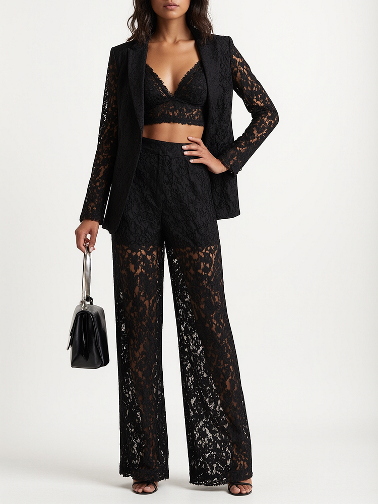 Black Lace Top Suit Jacket Wide Leg Pants Three Piece Suit