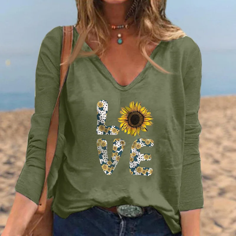 Love Print Floral Graphic V-neck Long Sleeve T-shirt