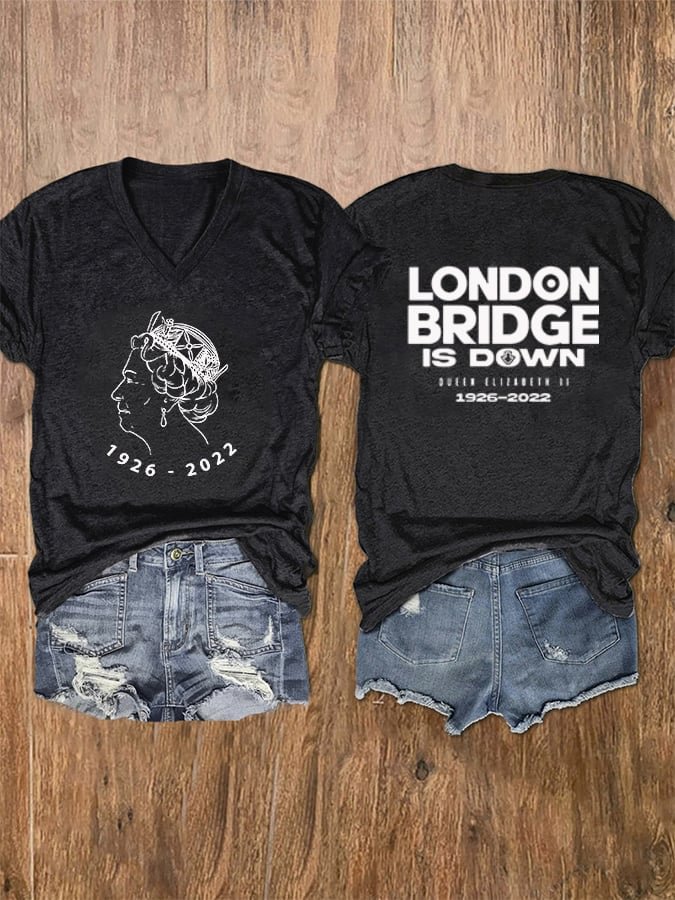 Women's London Bridge is Down 1926-2022 Printed V-Neck T-Shirt