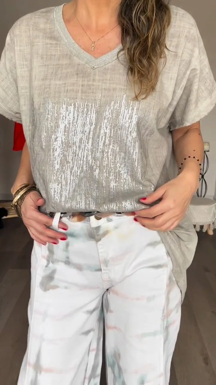 Hot Stamping V-neck Cotton and Linen Top