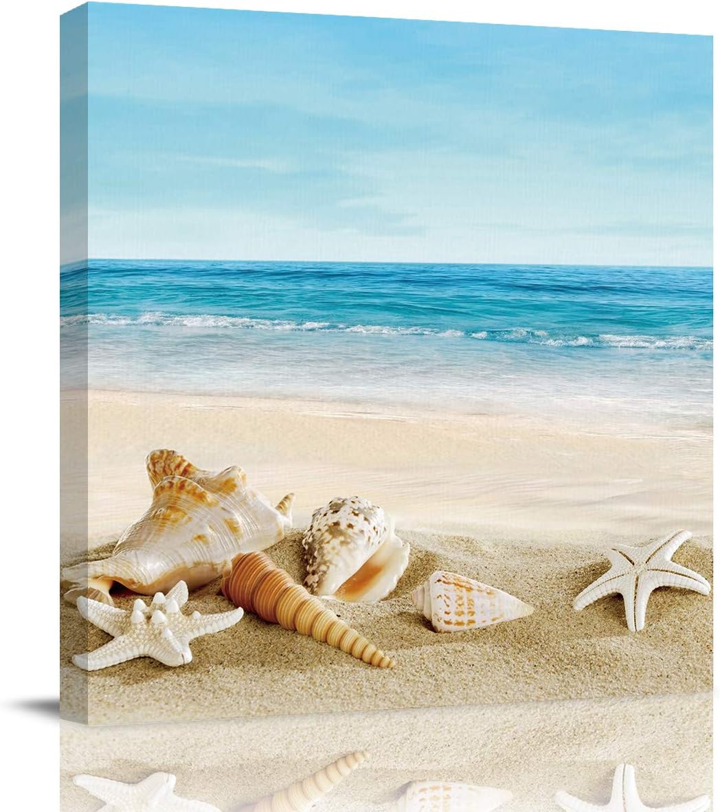 Canvas Wall Art for Living Room Beach Starfish And Shell Prints Picture Framed Wall Decor Picture Painting Prints for Holiday Bedroom Bathroom Framhouse Office Kitchen Home Decoration, 16 inch x16 inch  16 x 16 in
