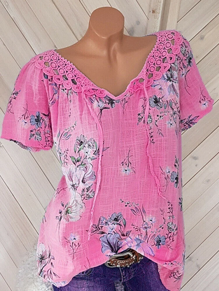 Casual Lace Trim Floral Pattern Short Sleeve Blouse