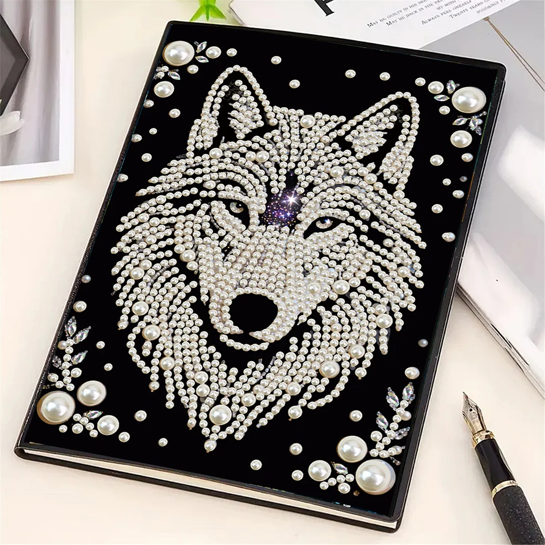 Wolves Partial Pearl DIY 50 Pages A5 Diamond Painting Notebook Special Shaped Diamond Art Diary Book Kits Wireless Strip 5D Crystal Art Paintings Sketchbook for Art Drawing
