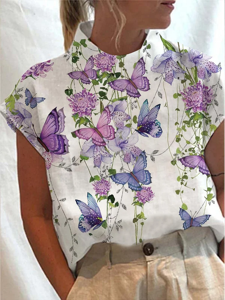 Ursime Butterfly & Flower Print Mock Neck Blouse
