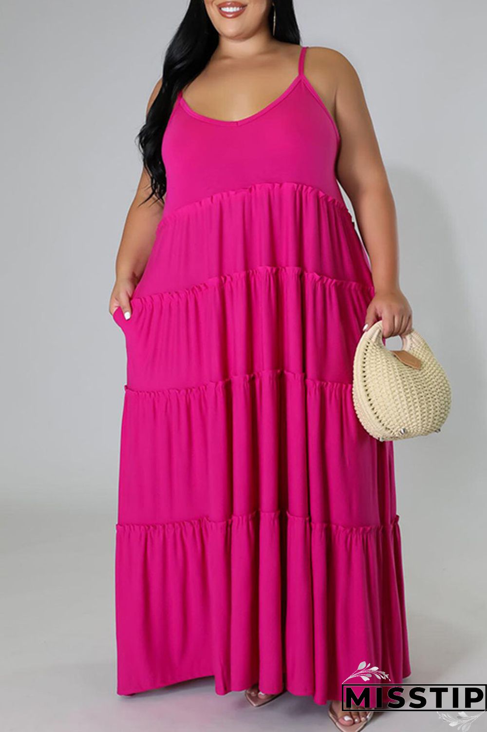 Blue Casual Solid Patchwork Spaghetti Strap Straight Plus Size Dresses