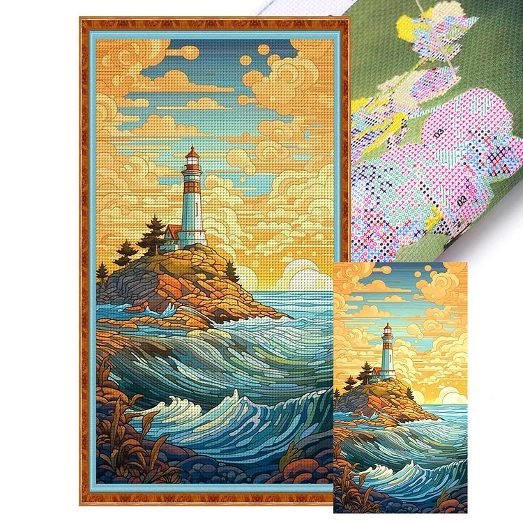 Glass Art - Seaside Lighthouse - Printed Cross Stitch 14CT 40*70CM