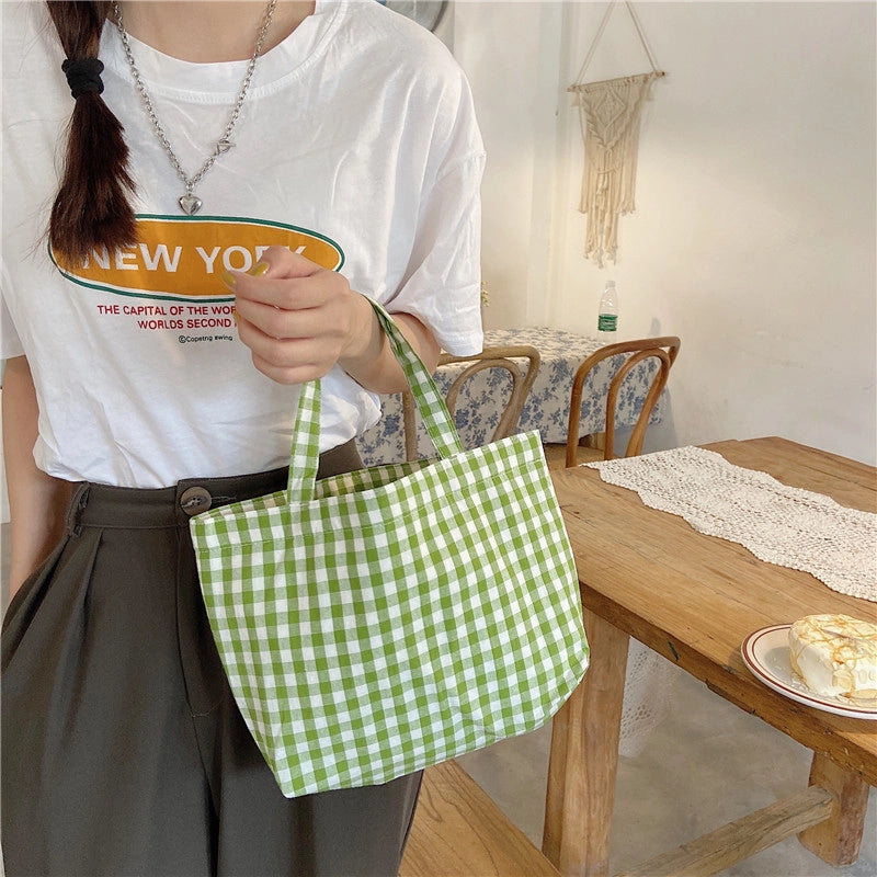 010271 Artistic Fresh Portable Lunch Bag Japanese Plaid Mummy Student Portable Small Bag Walking Bag