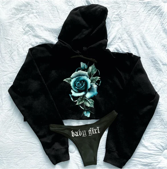 Sexy Rose Babygirl Printed Sports Suit Cropped Hoodie Suit Set
