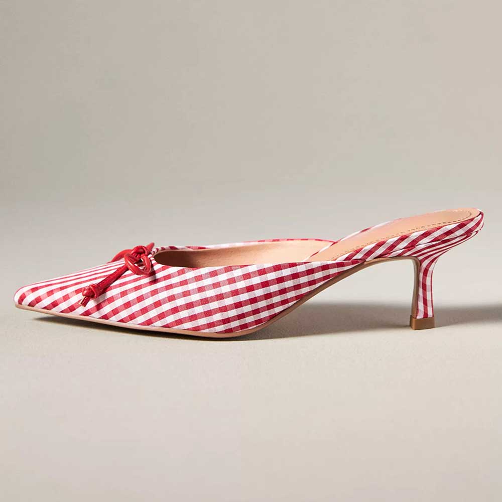 Red & White Check Fabric Bow Inlay Pointed-Toe Backless Heel Mules Nicepairs