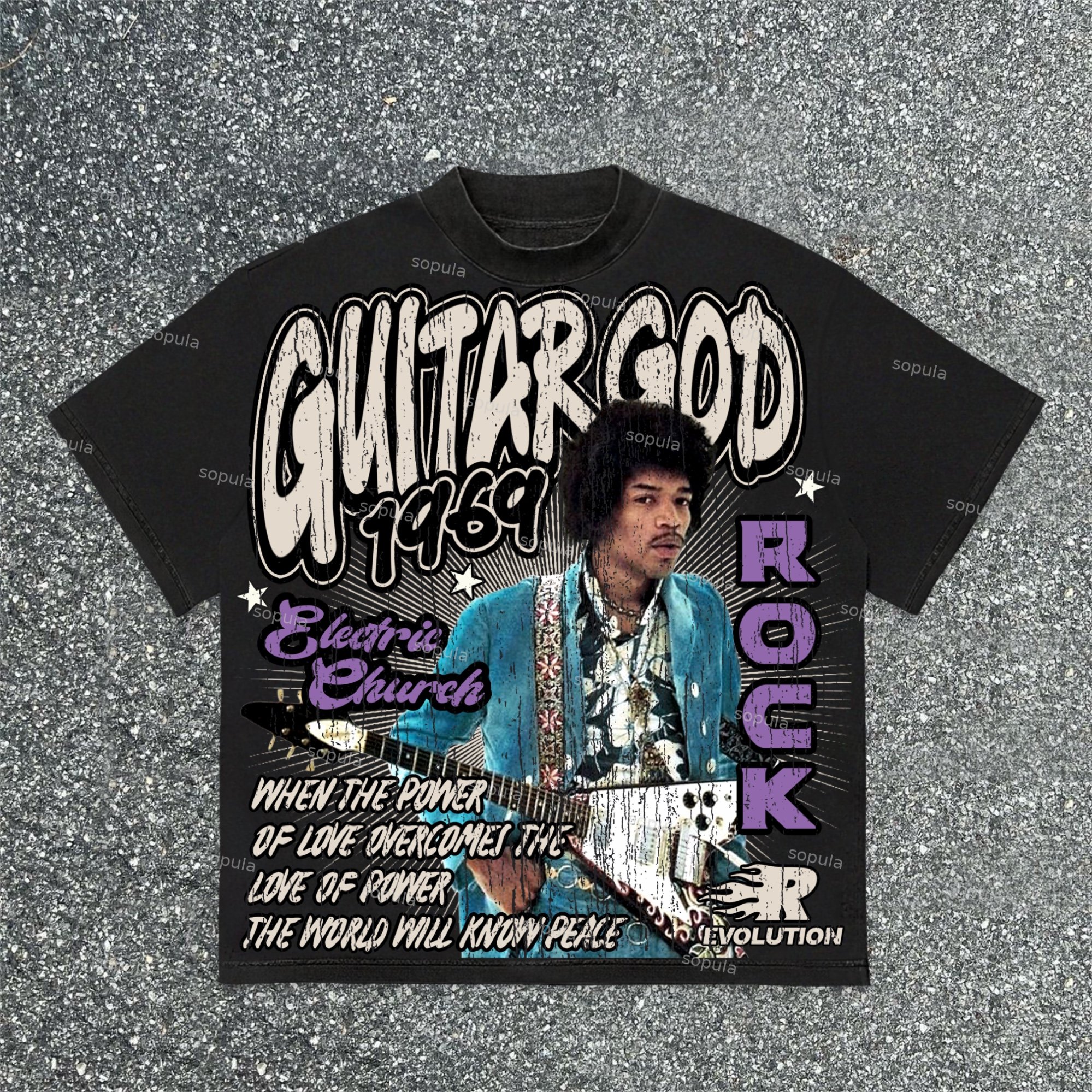 Sopula Jimi Hendrix Art 1969 Guitar God Make Vintage Graphics Cotton T-Shirt - SOPULA