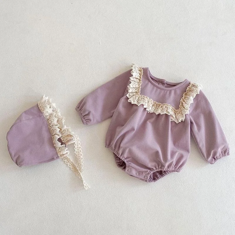 New 2021 Spring Autumn Infant Baby Girls Lace Rompers + Hat Clothing Kids Girl Long Sleeve Rompers Clothes