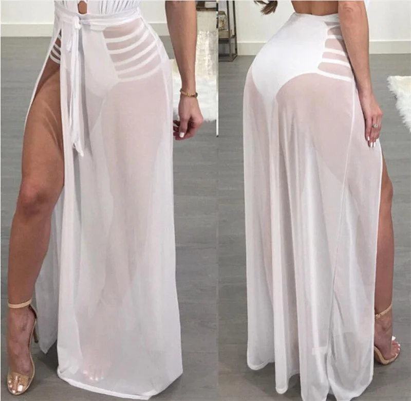 Brownm Women High Waist Mesh Skirts Empire See Through Sheer Side Split Skirt Solid Transparent Chiffon Maxi Long Skirt Summer 2023