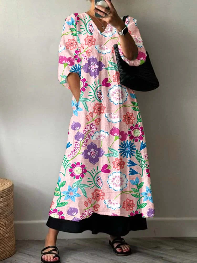 Womens Artistic Holiday Floral Pattern Cotton Dress