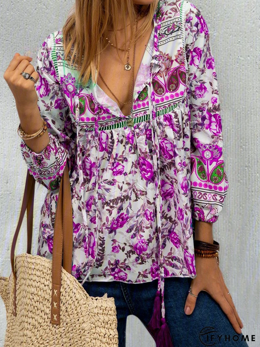 Ethnic Bohemian Floral Print Long Sleeve V-Neck Women Blouse Top | IFYHOME