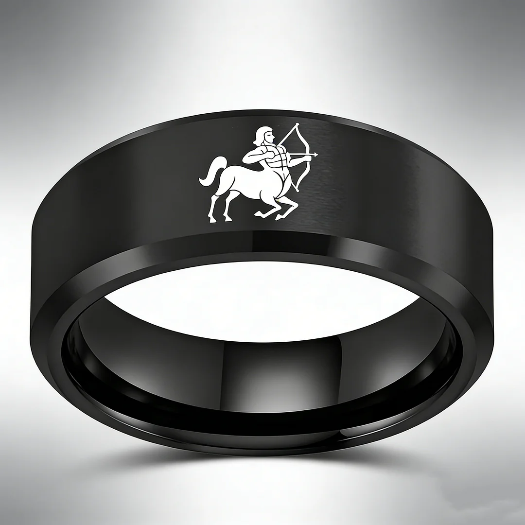 Beveled Edges Black Laser Etched Tungsten Carbide Bands Black Sagittarius Couple Wedding Rings 4MM 6MM 8MM Width