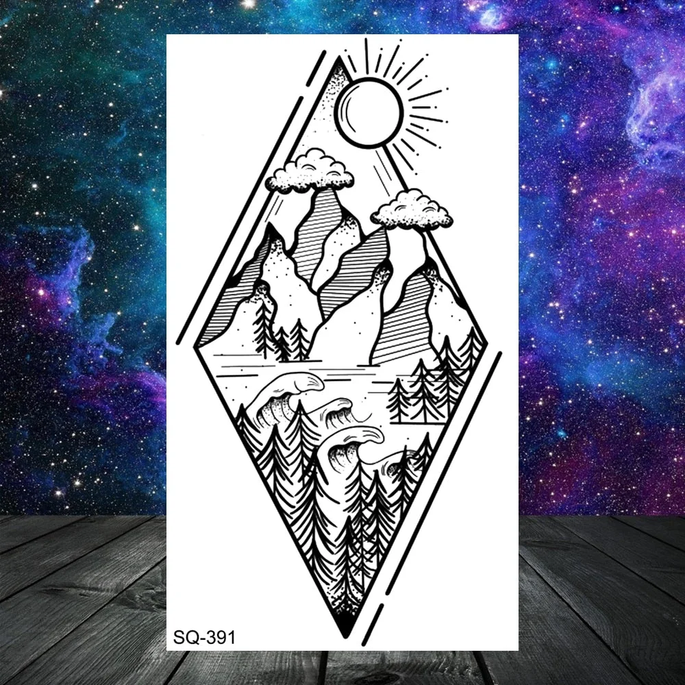 3D Geometry Mountain Sea Temporary Tattoos For Women Adult Men Kids Girl Sun Forest Eyes Fake Tattoo Neck Arm Hands Small Tatoos