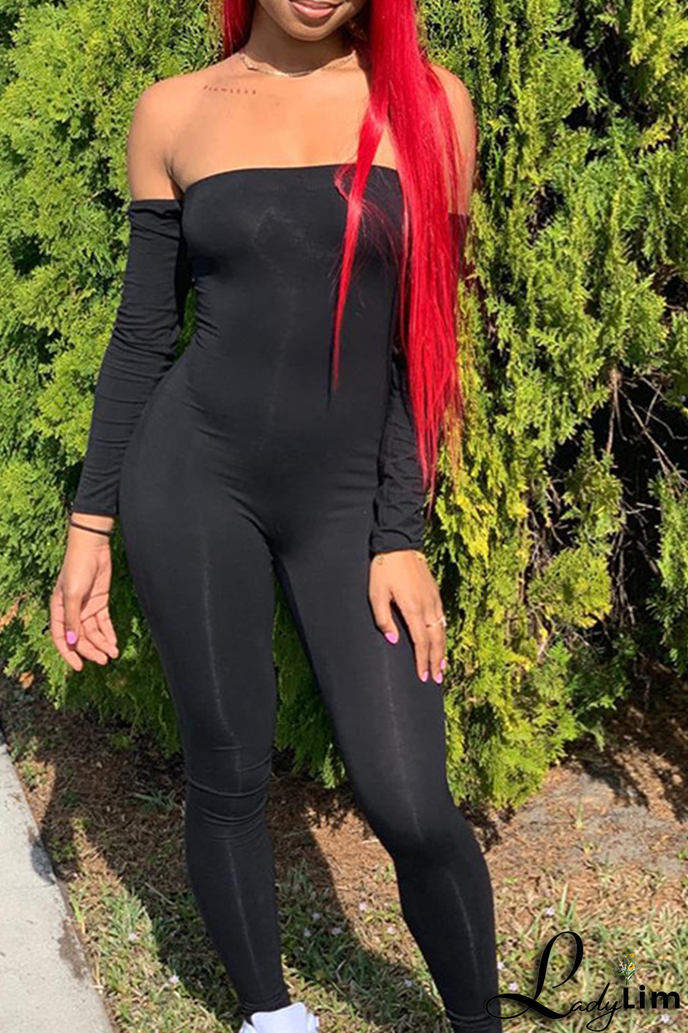 Grey Sexy Solid Split Joint Off the Shoulder Skinny Jumpsuits