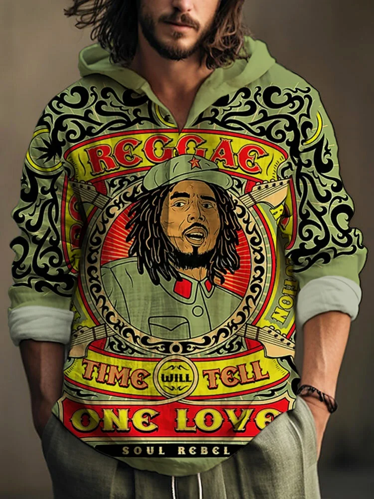 Vintage Reggae One Love Men's Hooded Linen Shirt