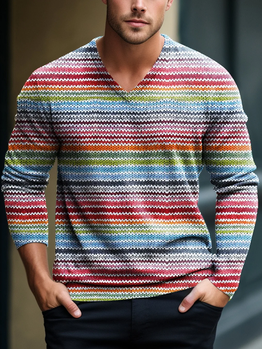 Men Rainbow Stripe Retro Bright Colourful Stripes Art V-Neck Lnit Long Sleeve Sweater