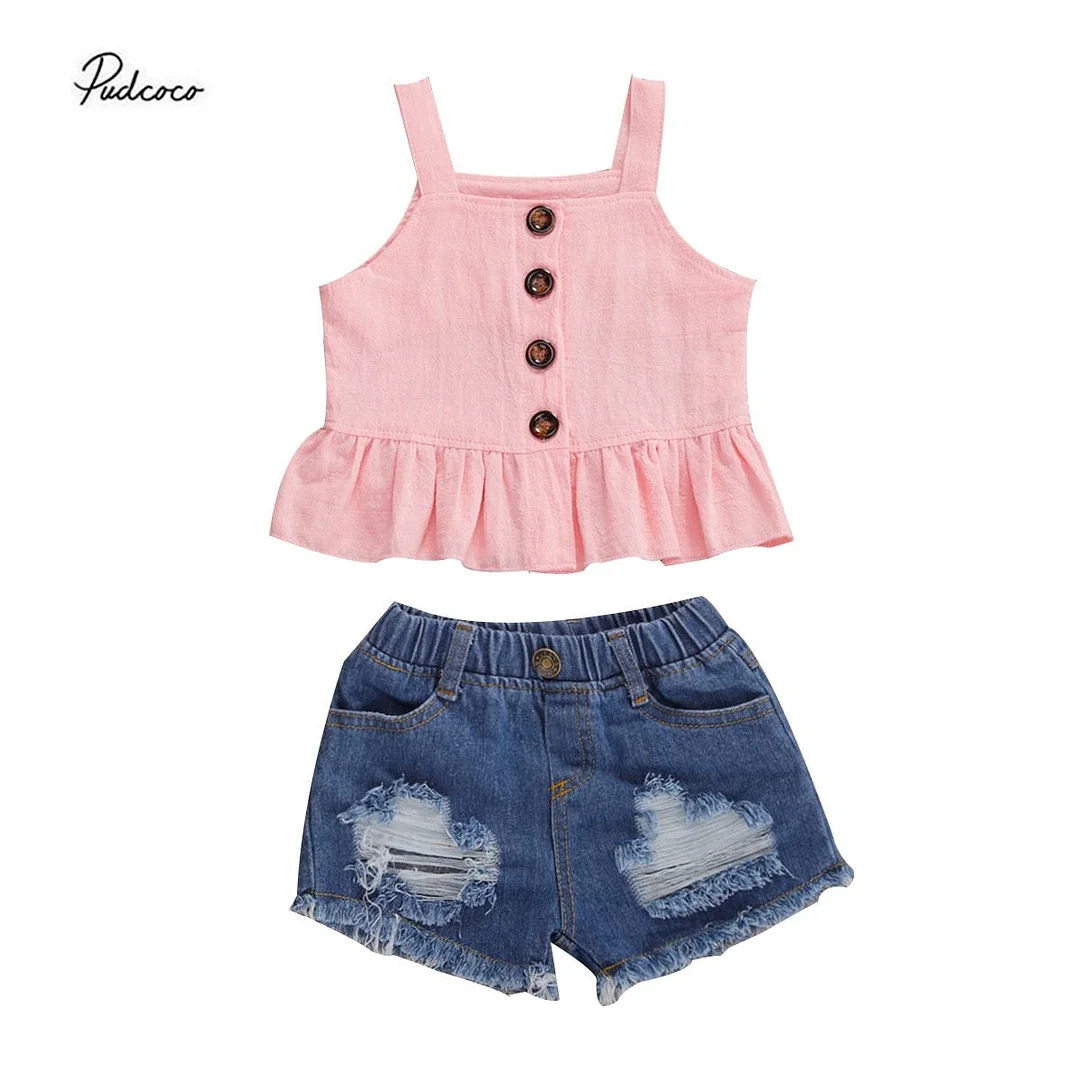 2 Pieces Kids Suit Set Solid Color Sleeveless Top and Ripped Jeans for 6M-4T Girls Pink