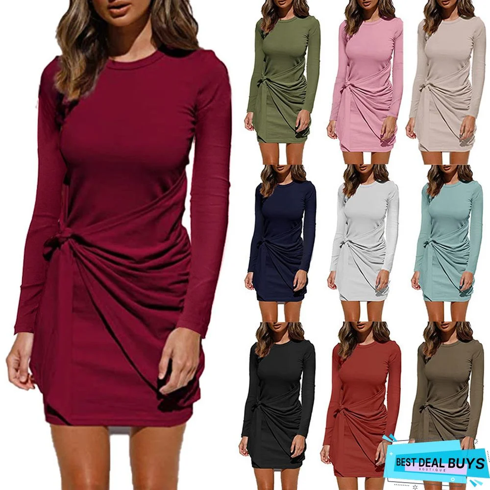 Casual Solid Color Knotted Pleated Long Sleeve Dress Women