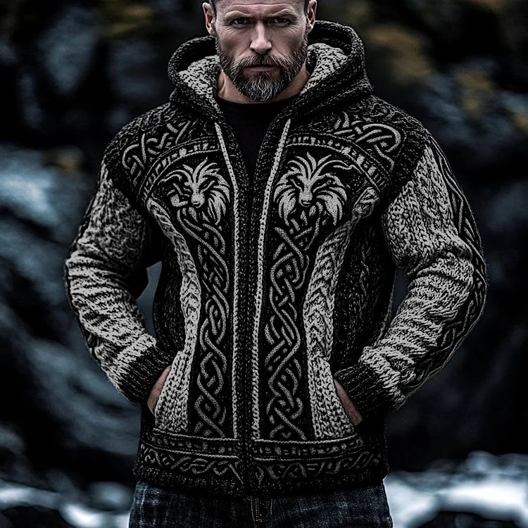 Men's Viking Wolf Style Celtic Thick Zip Hooded Sweater
