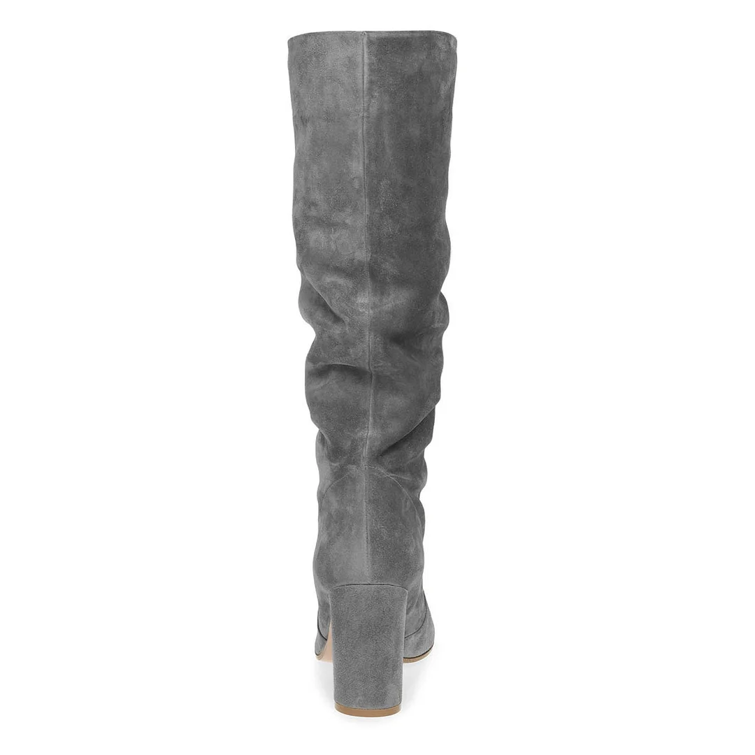Grey Vegan Suede Chunky Heel Slouchy Round Toe Tall Boots for Women