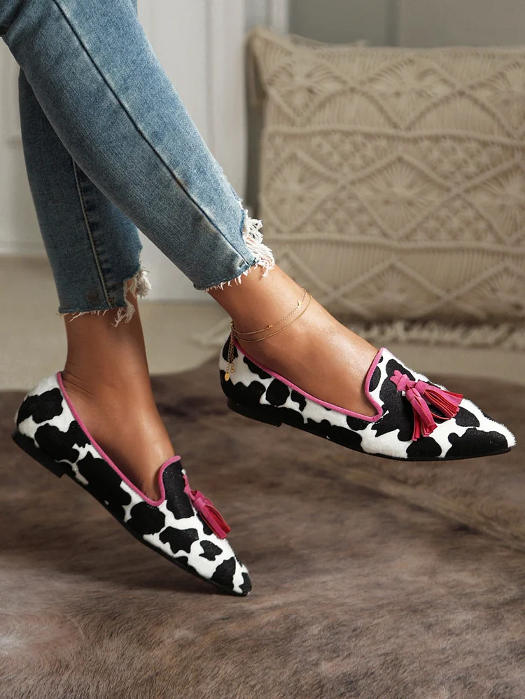 Women's Faux Leather Colorblock Cow Print Tassels Pointy Flats