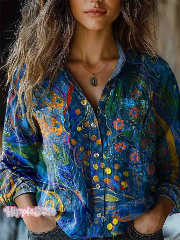Women’s Vintage Folk Floral Art Print Long Sleeve Comfortable Cotton Shirt Multicolor / S