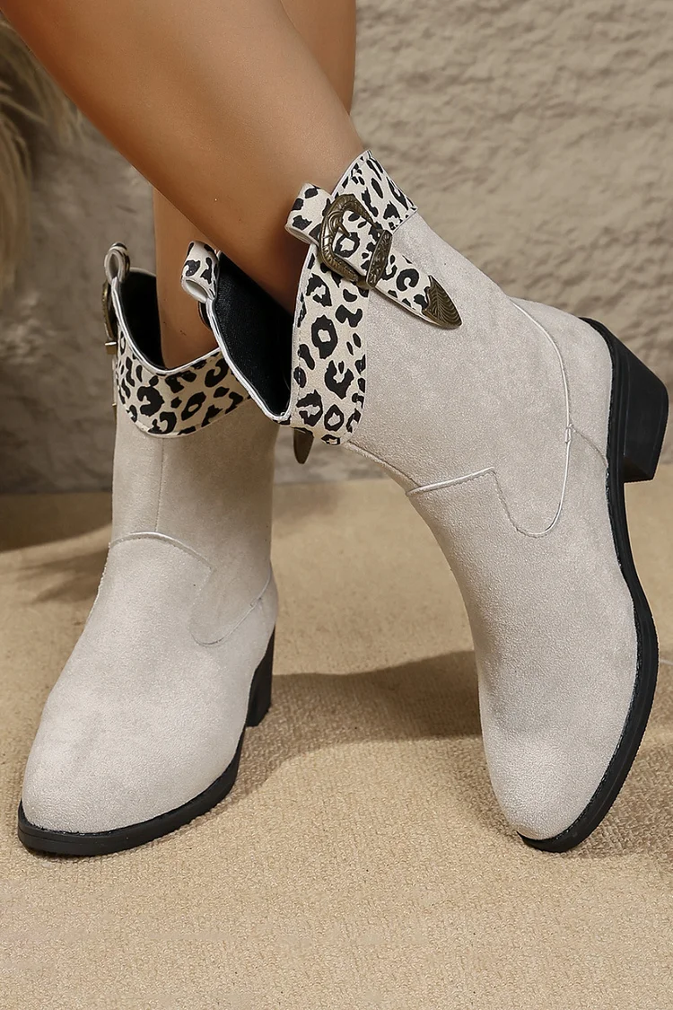 Daily Beige Leopard Print Patchwork Pointy Toe Western Ankle Boots 2024 - Xpluswear