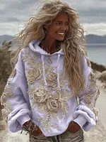 Women's Classic Romantic White Rose Embroidery Art Comfy Hoodie - Image 5