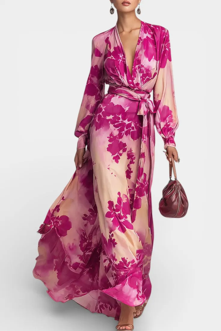 V-Neck Floral Maxi Dress with Belted Waist