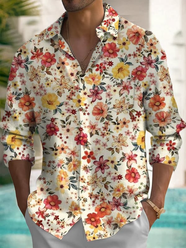 Men's Botanical Floral Print Long Sleeve Shirt