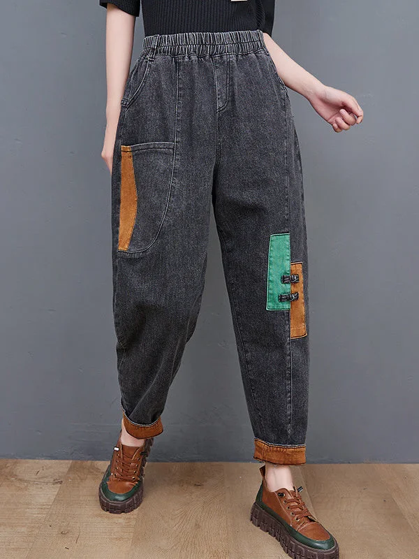 Women's Vintage Colorblock Stitching Pockets Jeans