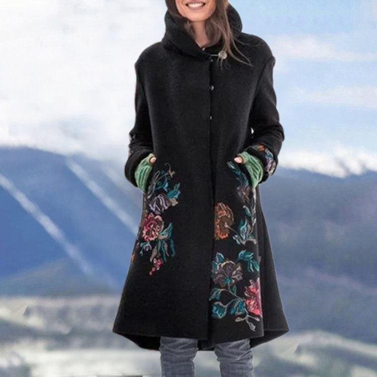 Floral Jacquard Vintage Buttons Down Lapel Collar Coat
