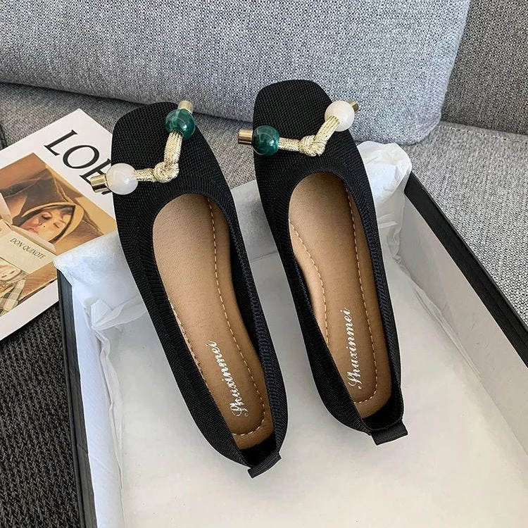 2021Women Flats Ballet Shoes Breathable Knitted Square Toe Moccasins Thick Heels Beige Yellow Flat Ballerina Shallow Female