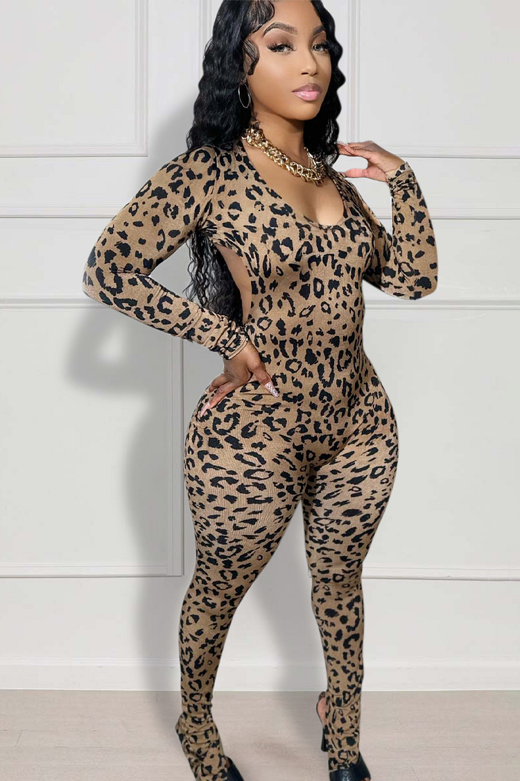 Leopard Print Deep V Neck Long Sleeve Open Back Slim Fit Jumpsuit-White