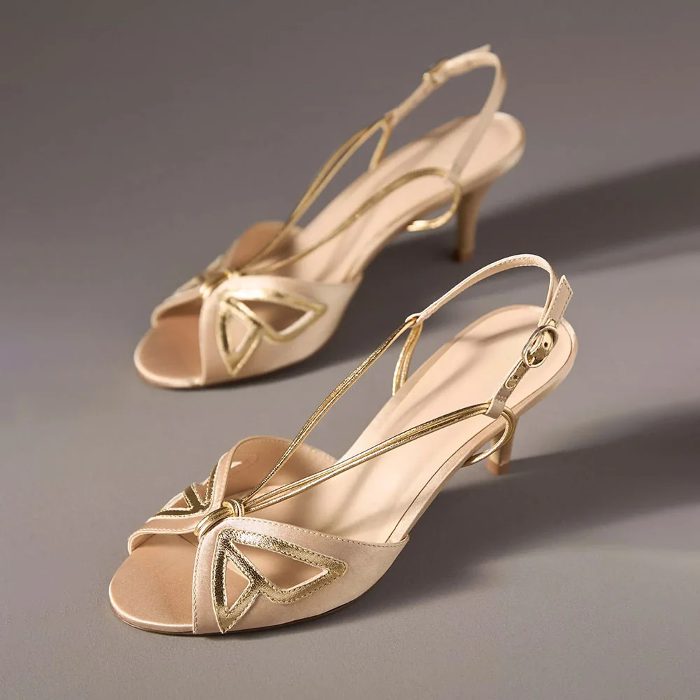 Nude & Gold Peep Toe Kitten Heel Women Sandals with Metallic Butterfly