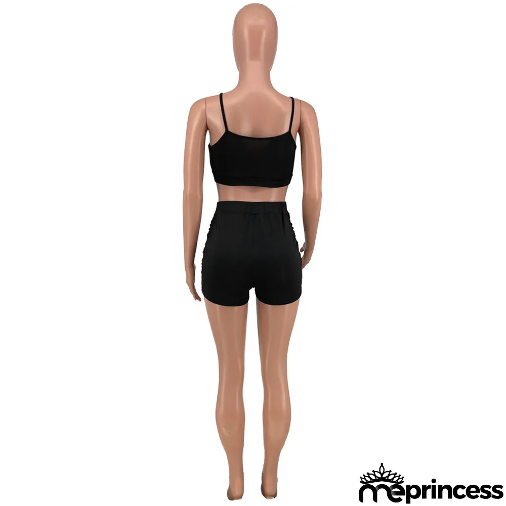 Sexy Solid Ruched Cami Top And Shorts 2 Piece Sets