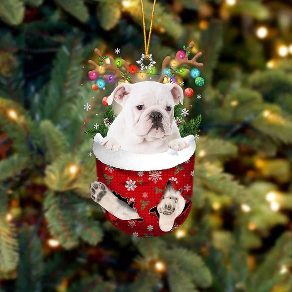 English Bulldog In Snow Pocket Christmas Ornament.